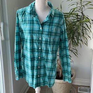 Teal and Aqua LLBean Cotton Plaid Button-Up Shirt